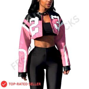 Faux Leather Cropped Bomber Jacket Zip Up Fitted Street Style Chic